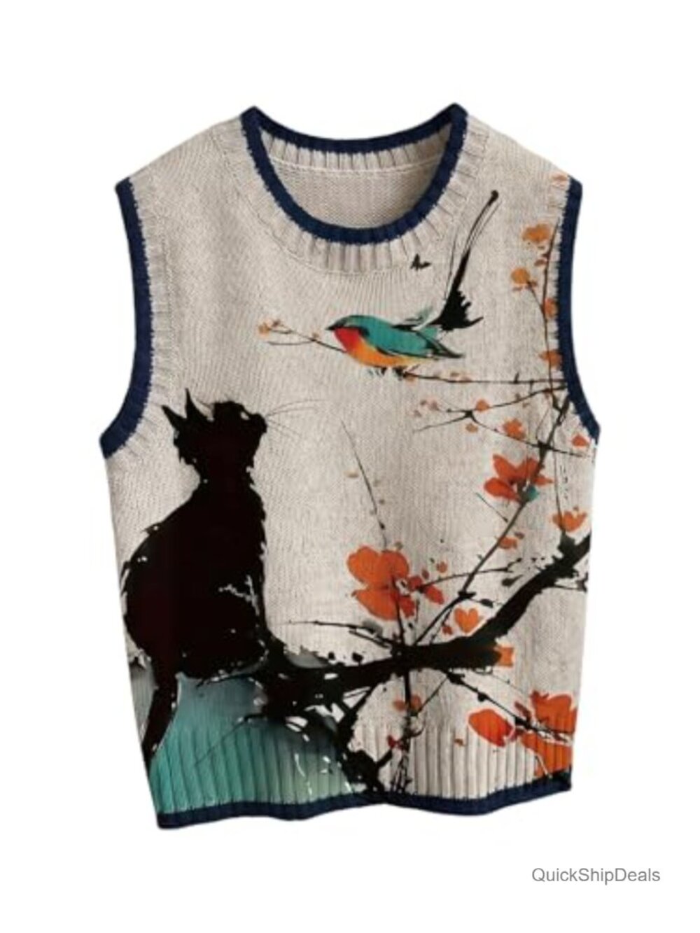 Women's Cat Print Knit Sweater Vest Sleeveless Casual Pullover
